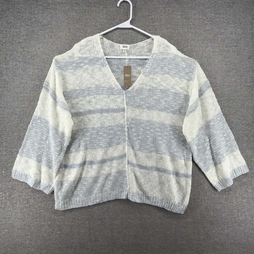 BKE Open-Knit Striped Sweater Women Size Medium Blue Cream NEW $47